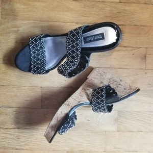 White House Black Market WHBM Black Silver Strappy Cork Wedge Open Toe Heels